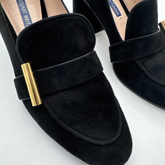 Stuart Weitzman Women The Preston Cylinder Pump Loafer Size 6 M black Suede Heel - Picture 8 of 16